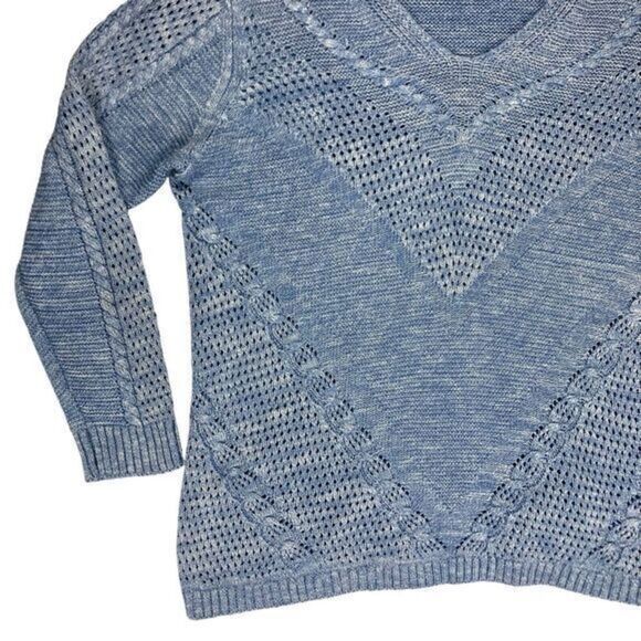 Chico's Textured Open Knit V-Neck Sweater Women L Blue Classic Oversize Pullover - Picture 4 of 16